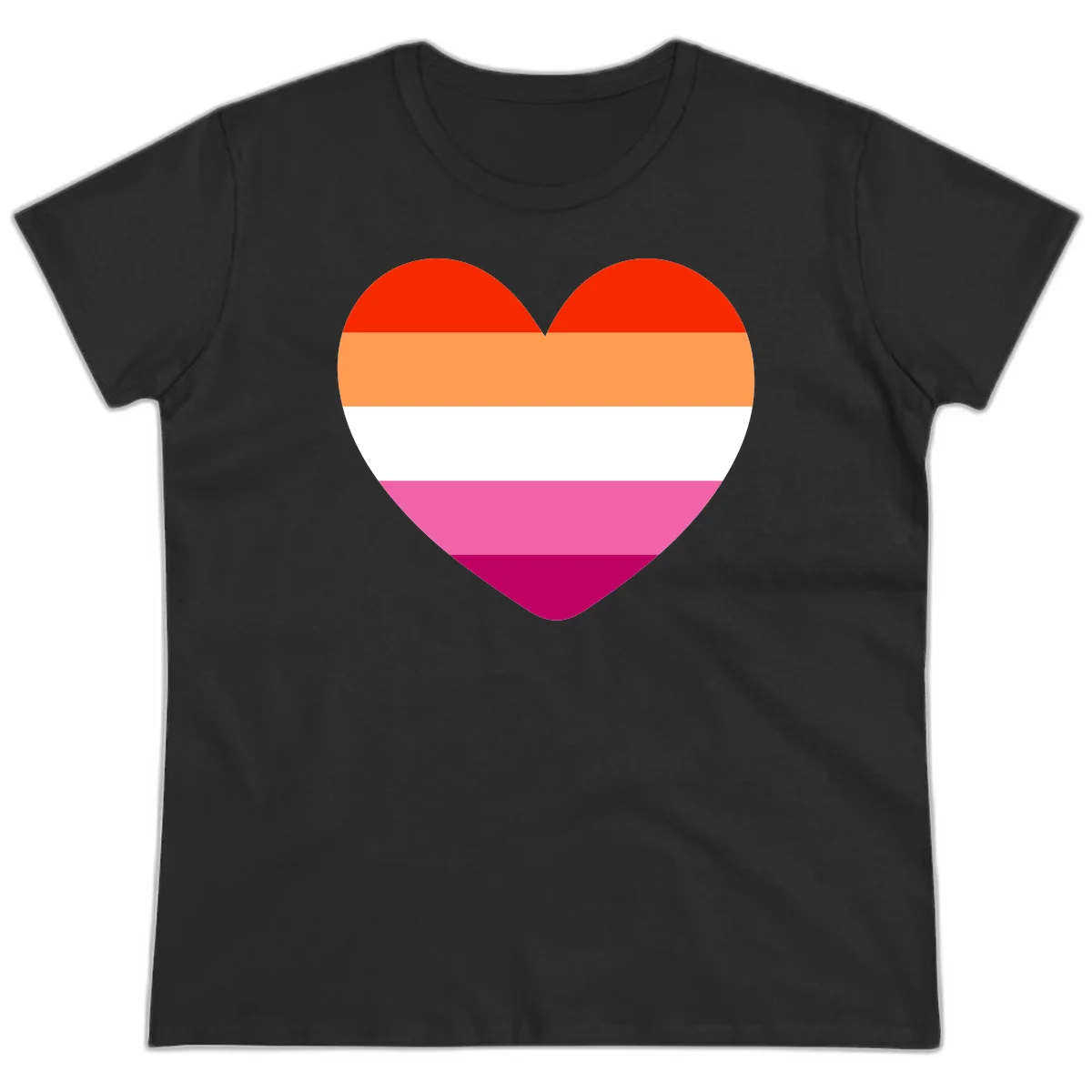 Heart shape filled with horizontal stripes in lesbian pride flag colors: red, orange, white, pink, and magenta in Black