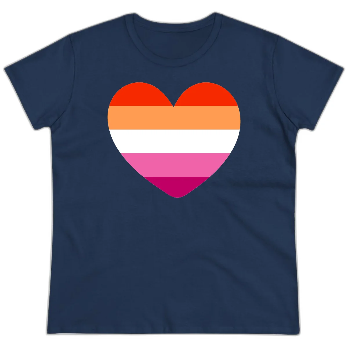 Heart shape filled with horizontal stripes in lesbian pride flag colors: red, orange, white, pink, and magenta in Navy