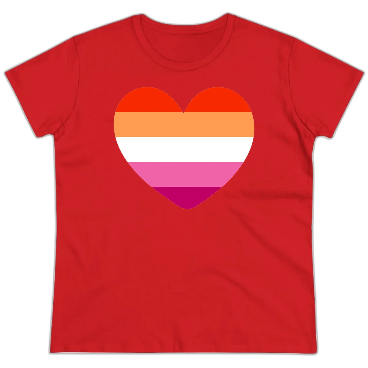 Heart shape filled with horizontal stripes in lesbian pride flag colors: red, orange, white, pink, and magenta in Red