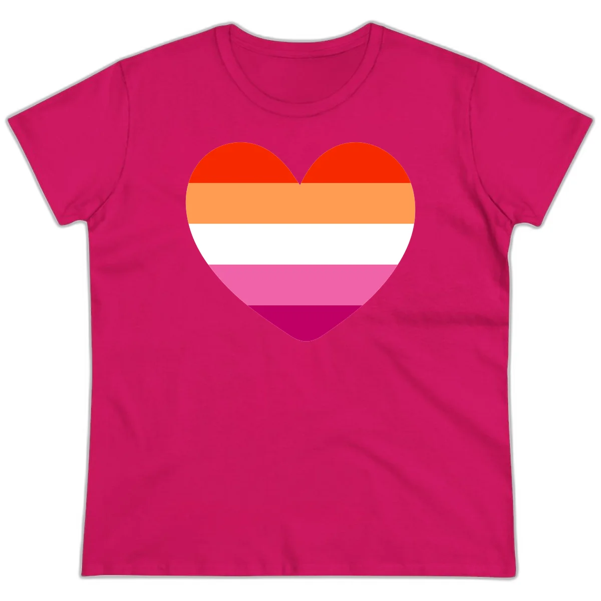 Heart shape filled with horizontal stripes in lesbian pride flag colors: red, orange, white, pink, and magenta in Heliconia