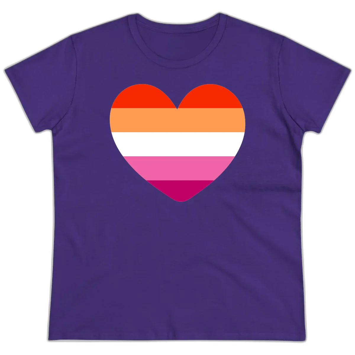 Heart shape filled with horizontal stripes in lesbian pride flag colors: red, orange, white, pink, and magenta in Purple