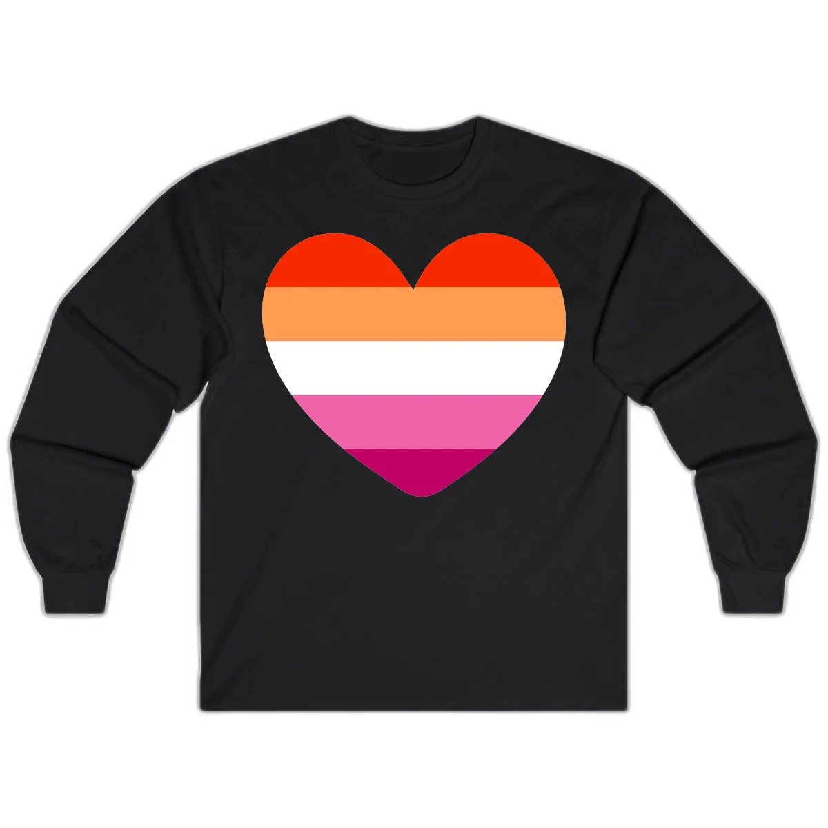 Heart shape filled with horizontal stripes in lesbian pride flag colors: red, orange, white, pink, and magenta in Black