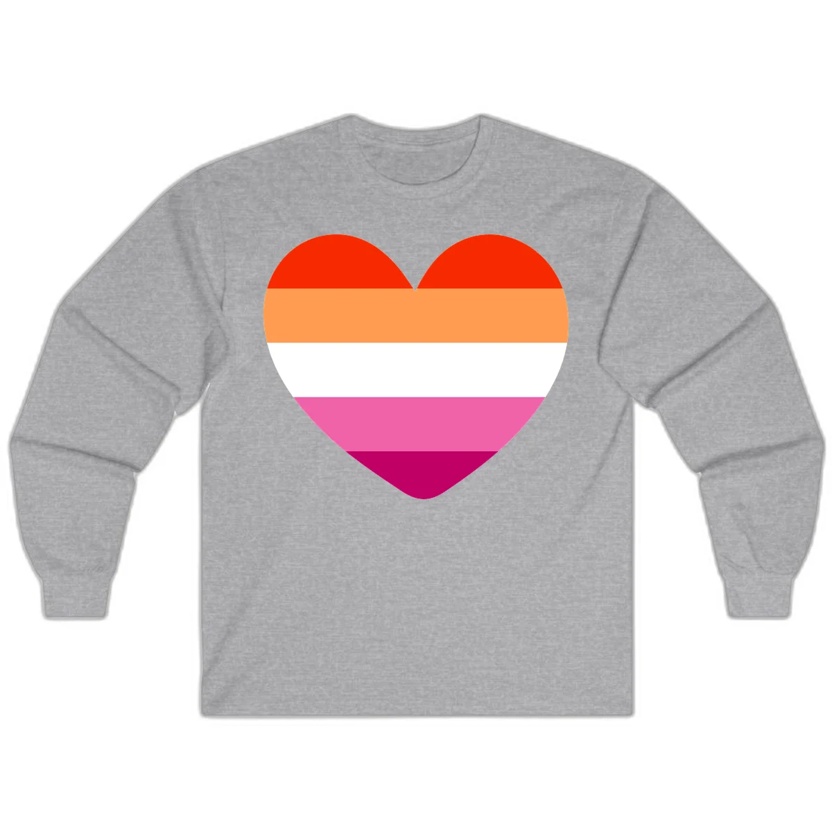 Heart shape filled with horizontal stripes in lesbian pride flag colors: red, orange, white, pink, and magenta in Sport Grey