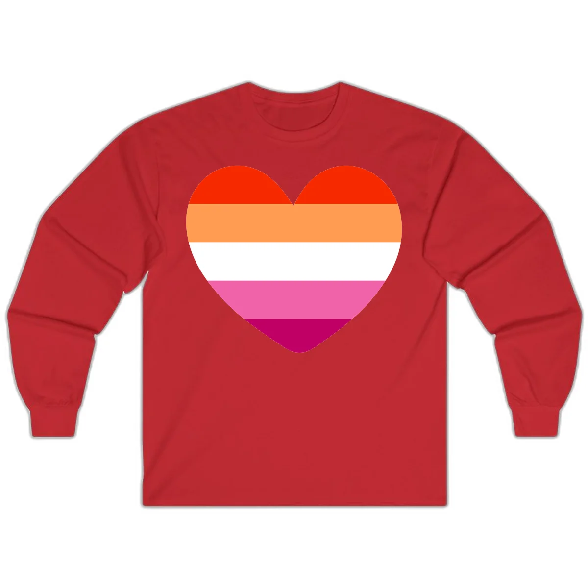 Heart shape filled with horizontal stripes in lesbian pride flag colors: red, orange, white, pink, and magenta in Red