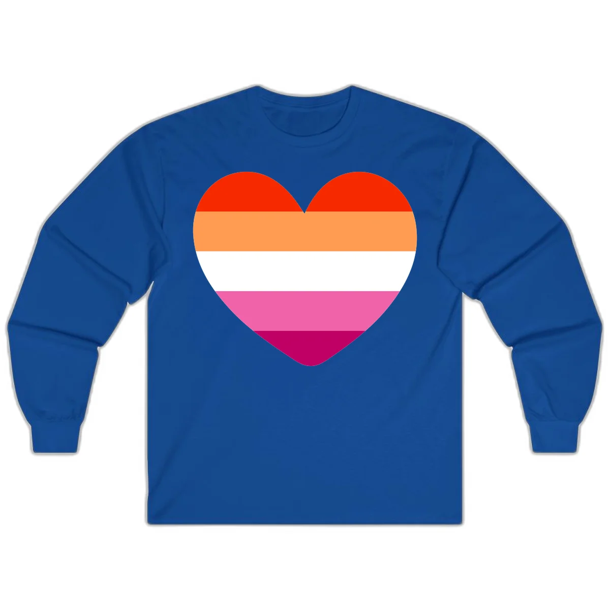 Heart shape filled with horizontal stripes in lesbian pride flag colors: red, orange, white, pink, and magenta in Royal
