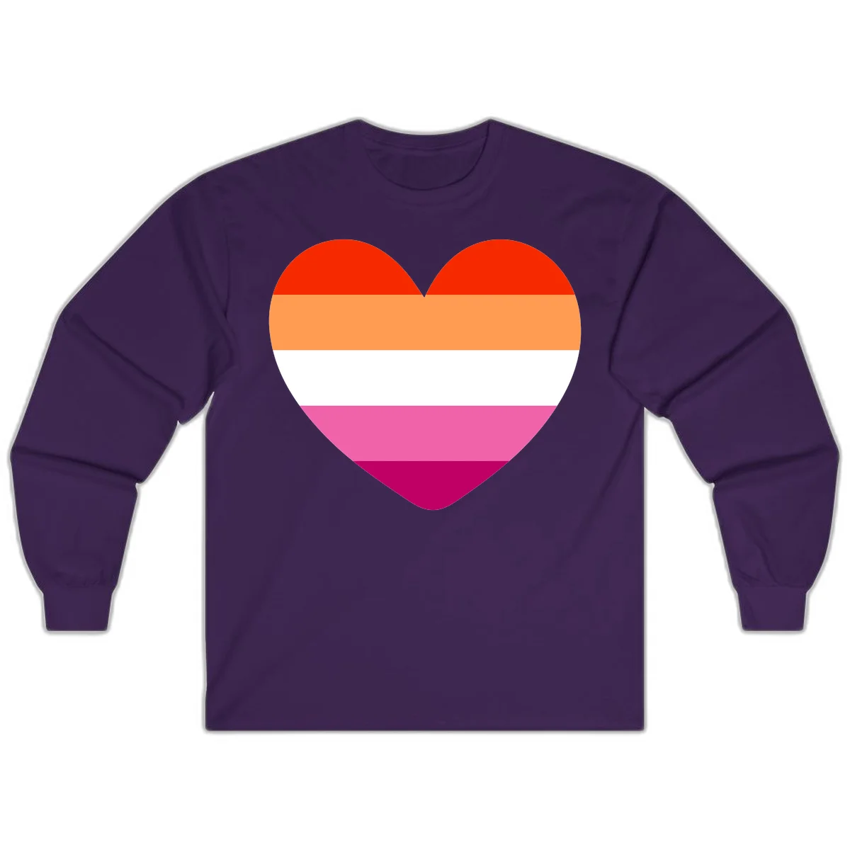Heart shape filled with horizontal stripes in lesbian pride flag colors: red, orange, white, pink, and magenta in Purple