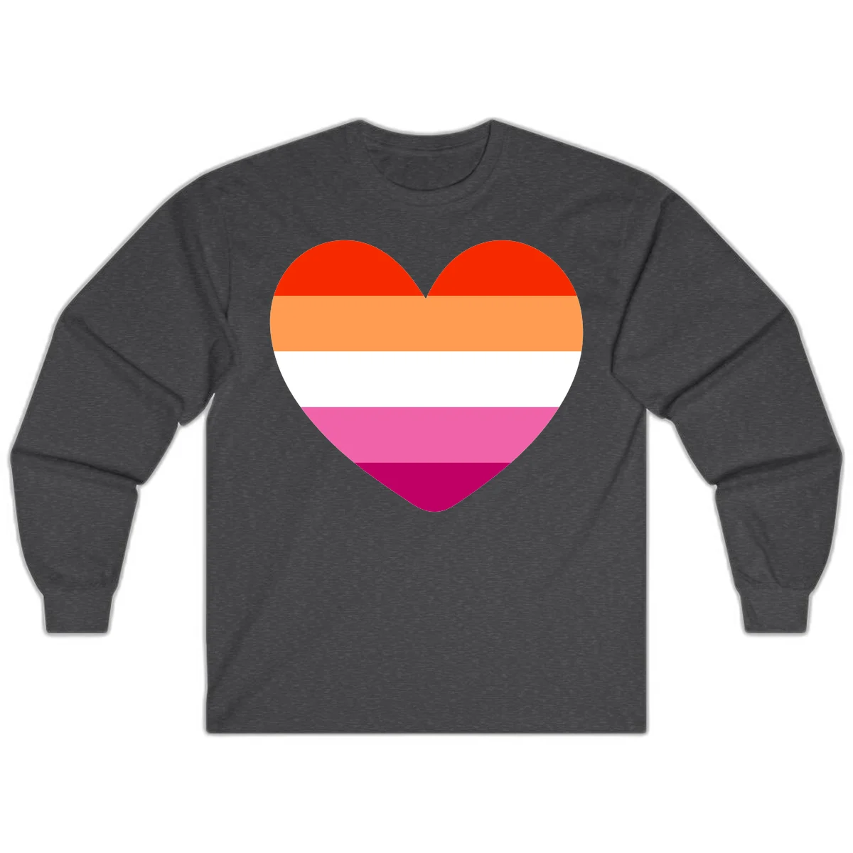 Heart shape filled with horizontal stripes in lesbian pride flag colors: red, orange, white, pink, and magenta in Dark Heather