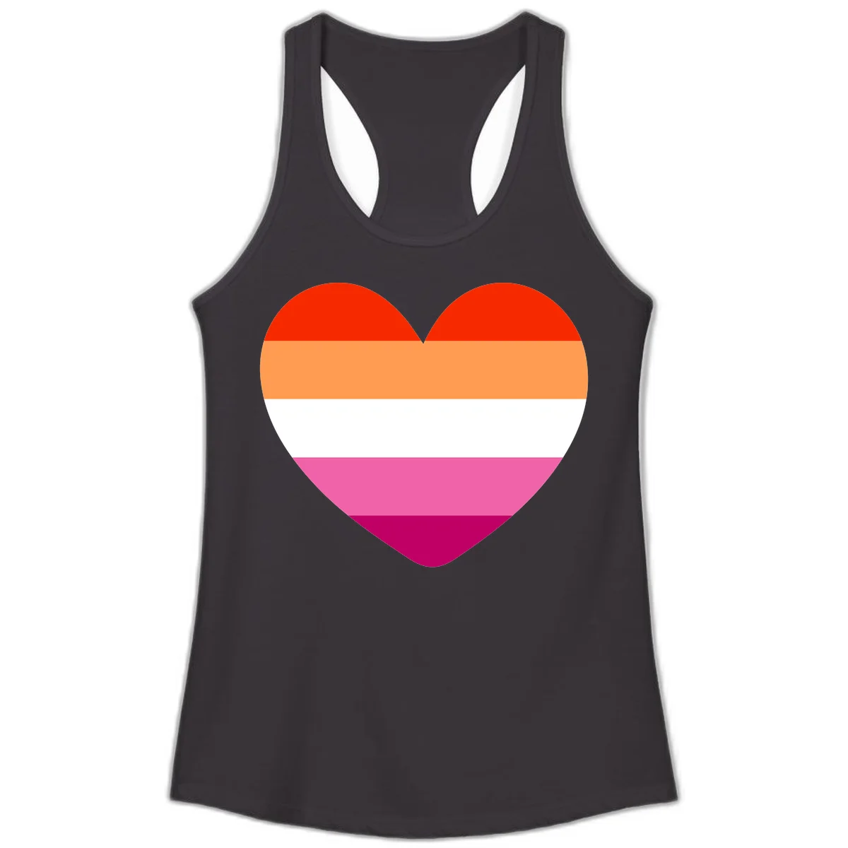 Heart shape filled with horizontal stripes in lesbian pride flag colors: red, orange, white, pink, and magenta in Black