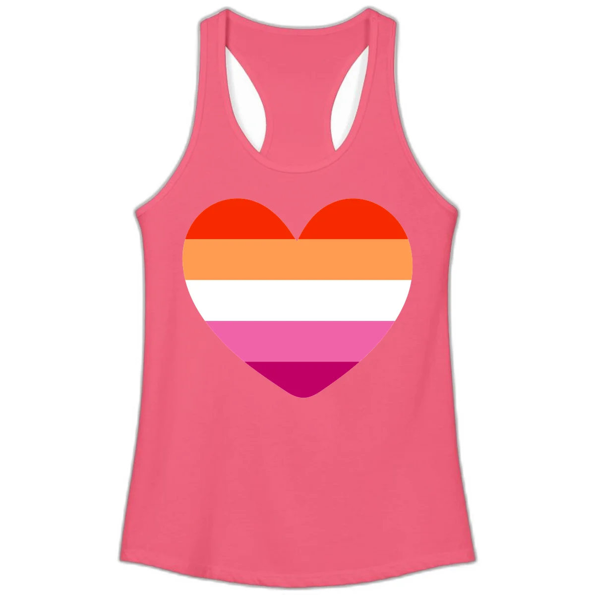 Heart shape filled with horizontal stripes in lesbian pride flag colors: red, orange, white, pink, and magenta in Hot Pink