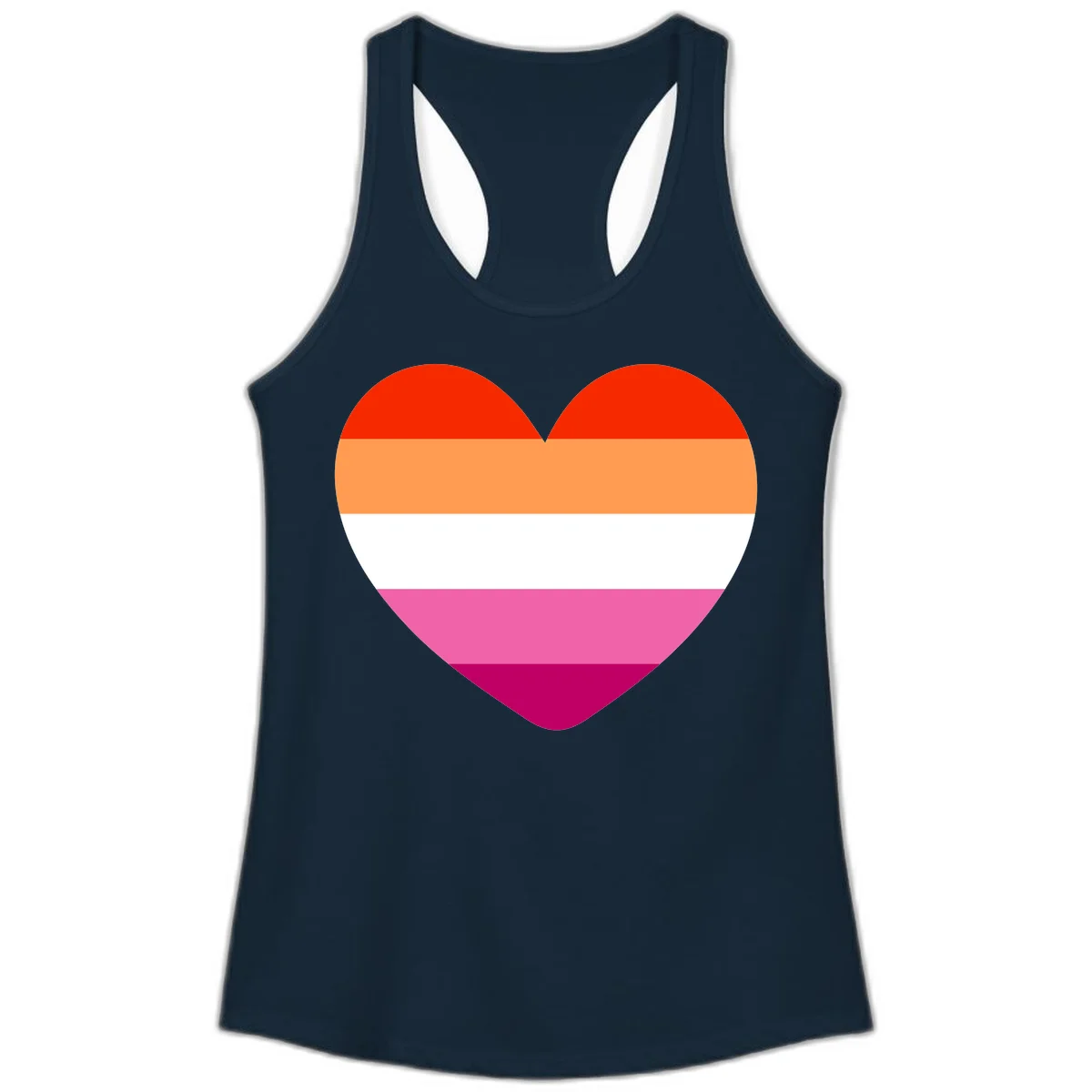 Heart shape filled with horizontal stripes in lesbian pride flag colors: red, orange, white, pink, and magenta in Solid Midnight Navy