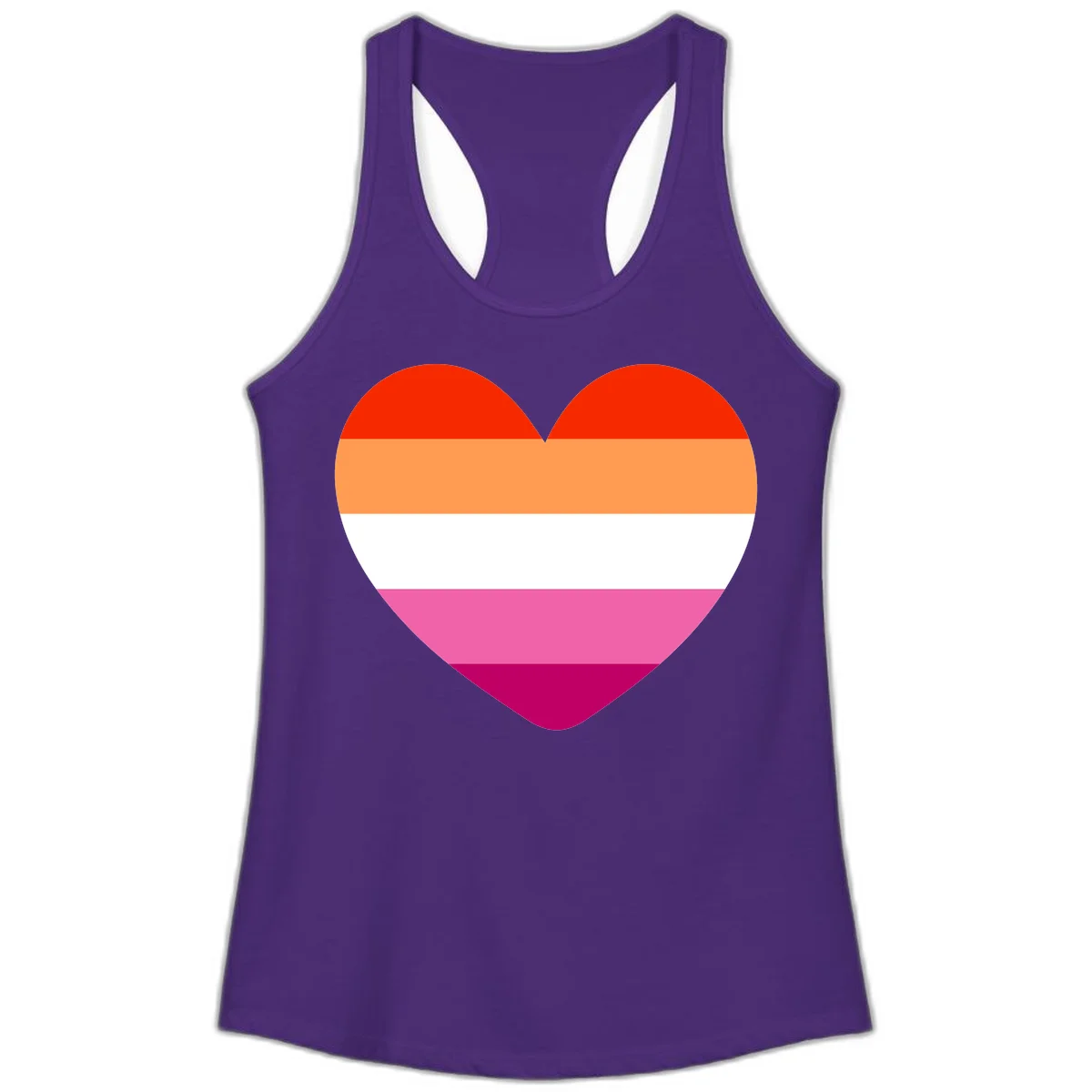 Heart shape filled with horizontal stripes in lesbian pride flag colors: red, orange, white, pink, and magenta in Solid Purple Rush