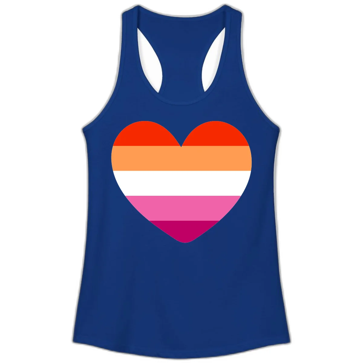 Heart shape filled with horizontal stripes in lesbian pride flag colors: red, orange, white, pink, and magenta in Solid Royal