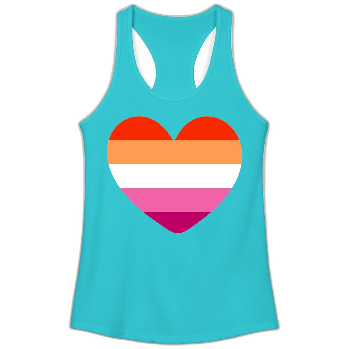Heart shape filled with horizontal stripes in lesbian pride flag colors: red, orange, white, pink, and magenta in Solid Tahiti Blue