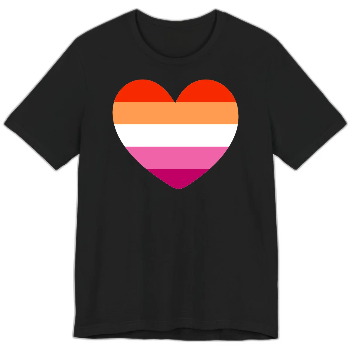 Heart shape filled with horizontal stripes in lesbian pride flag colors: red, orange, white, pink, and magenta in Black
