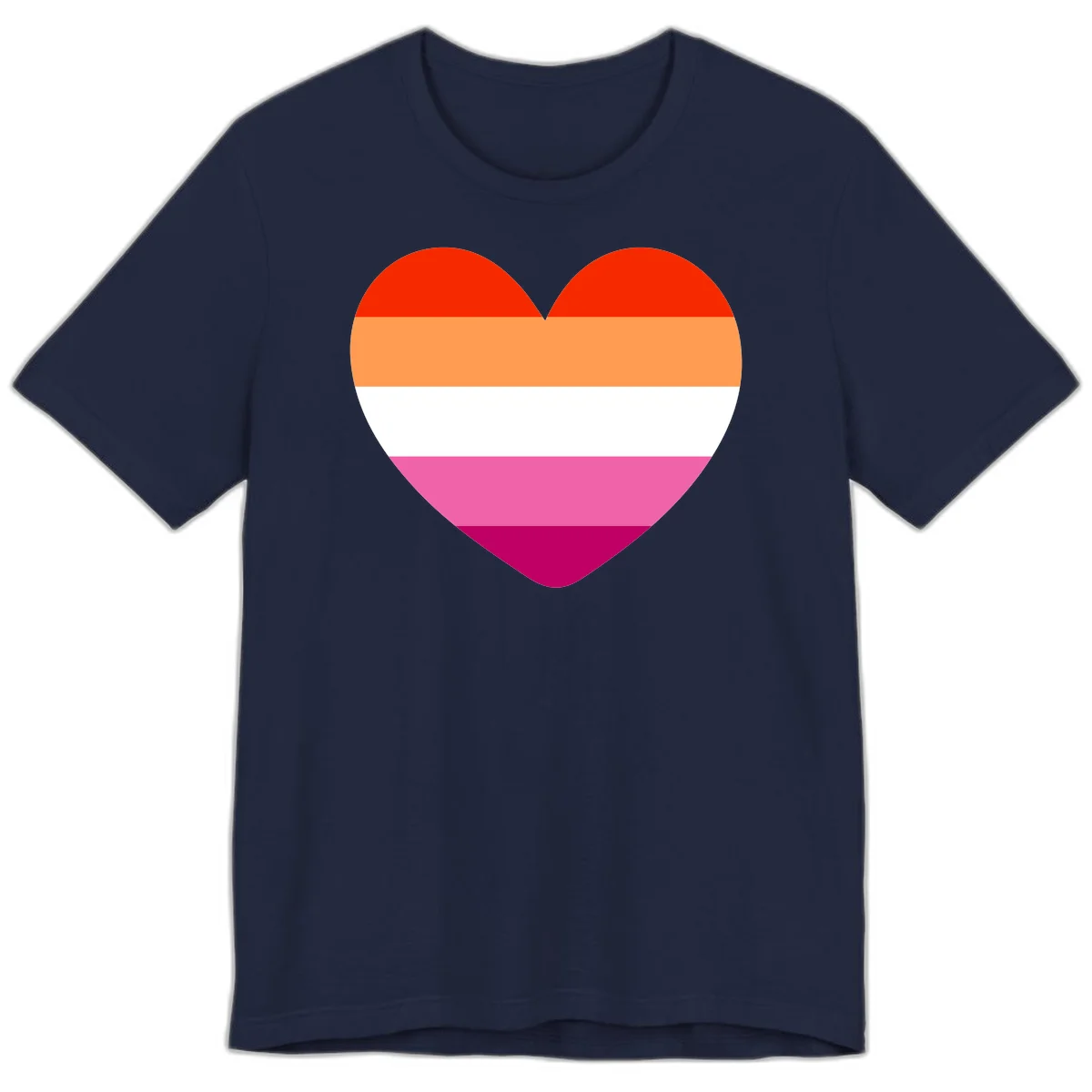 Heart shape filled with horizontal stripes in lesbian pride flag colors: red, orange, white, pink, and magenta in Navy
