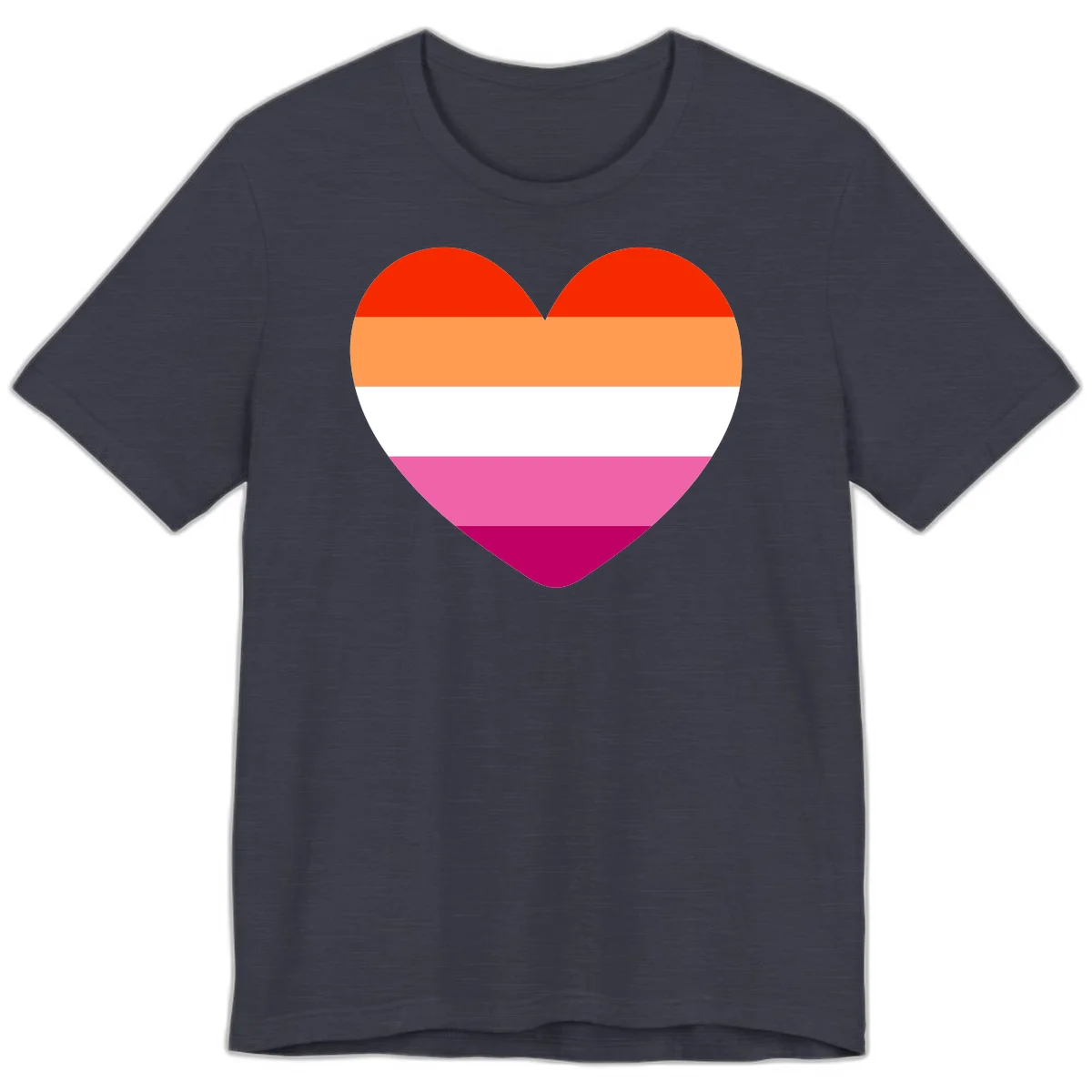 Heart shape filled with horizontal stripes in lesbian pride flag colors: red, orange, white, pink, and magenta in Heather Midnight Navy