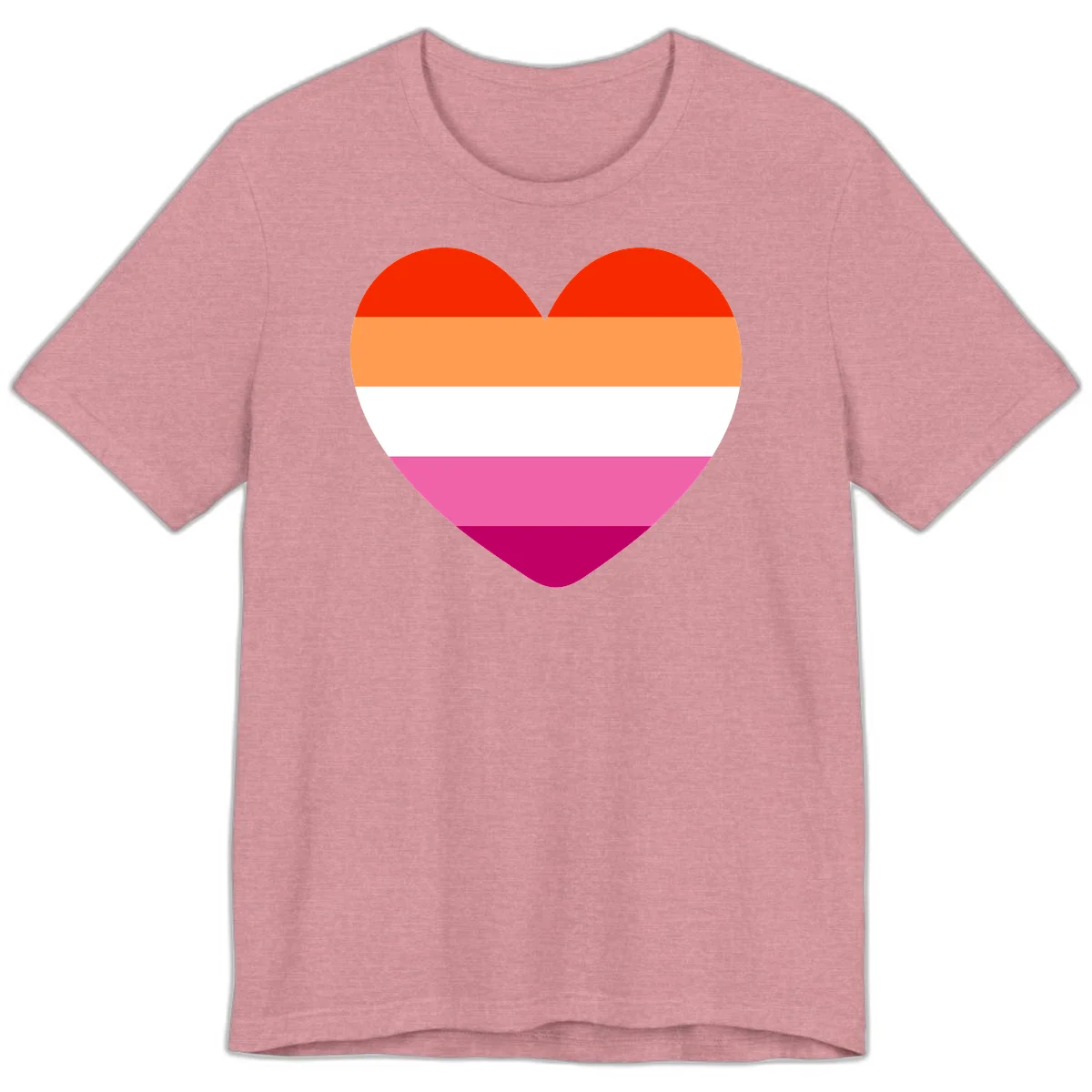 Heart shape filled with horizontal stripes in lesbian pride flag colors: red, orange, white, pink, and magenta in Heather Orchid