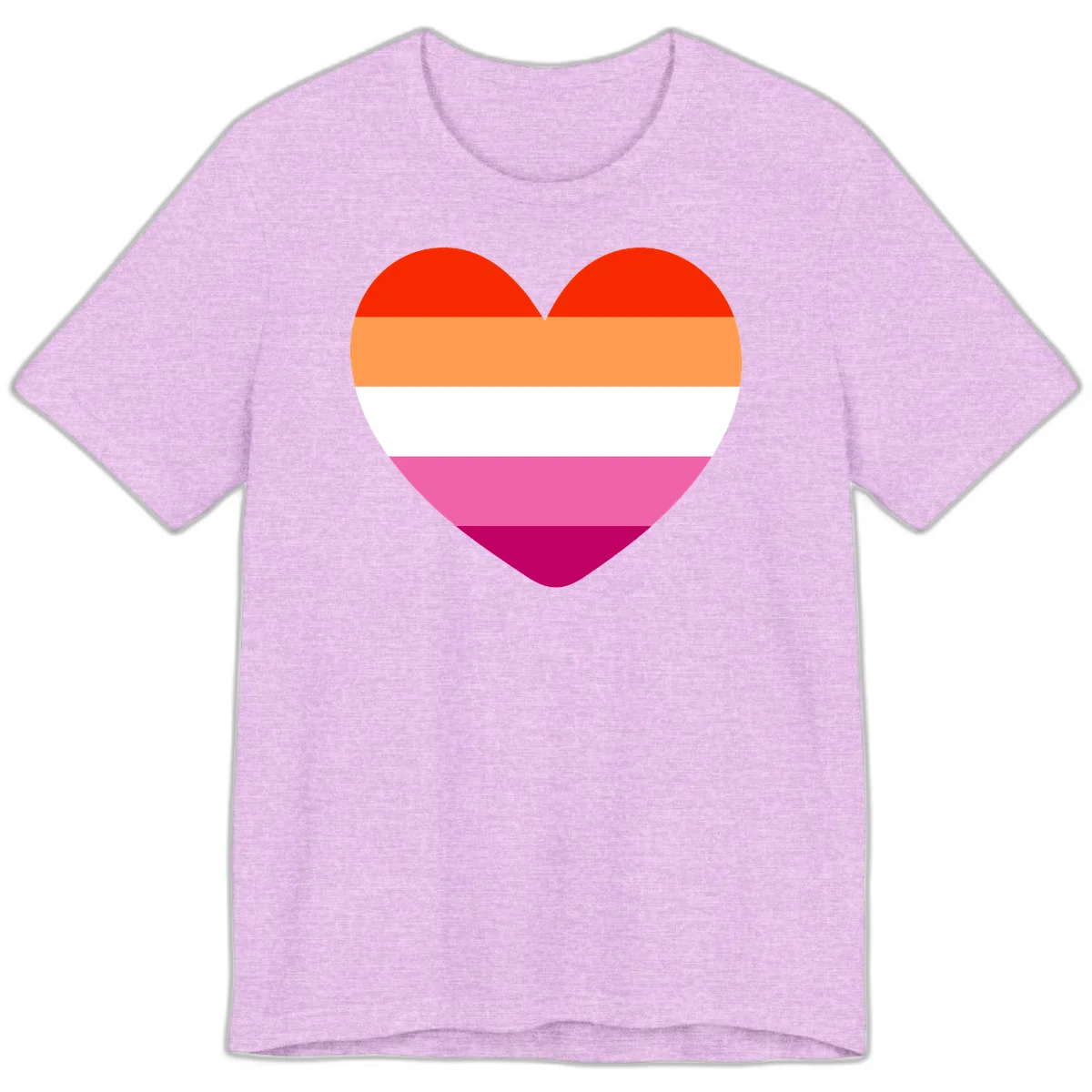 Heart shape filled with horizontal stripes in lesbian pride flag colors: red, orange, white, pink, and magenta in Heather Prism Lilac