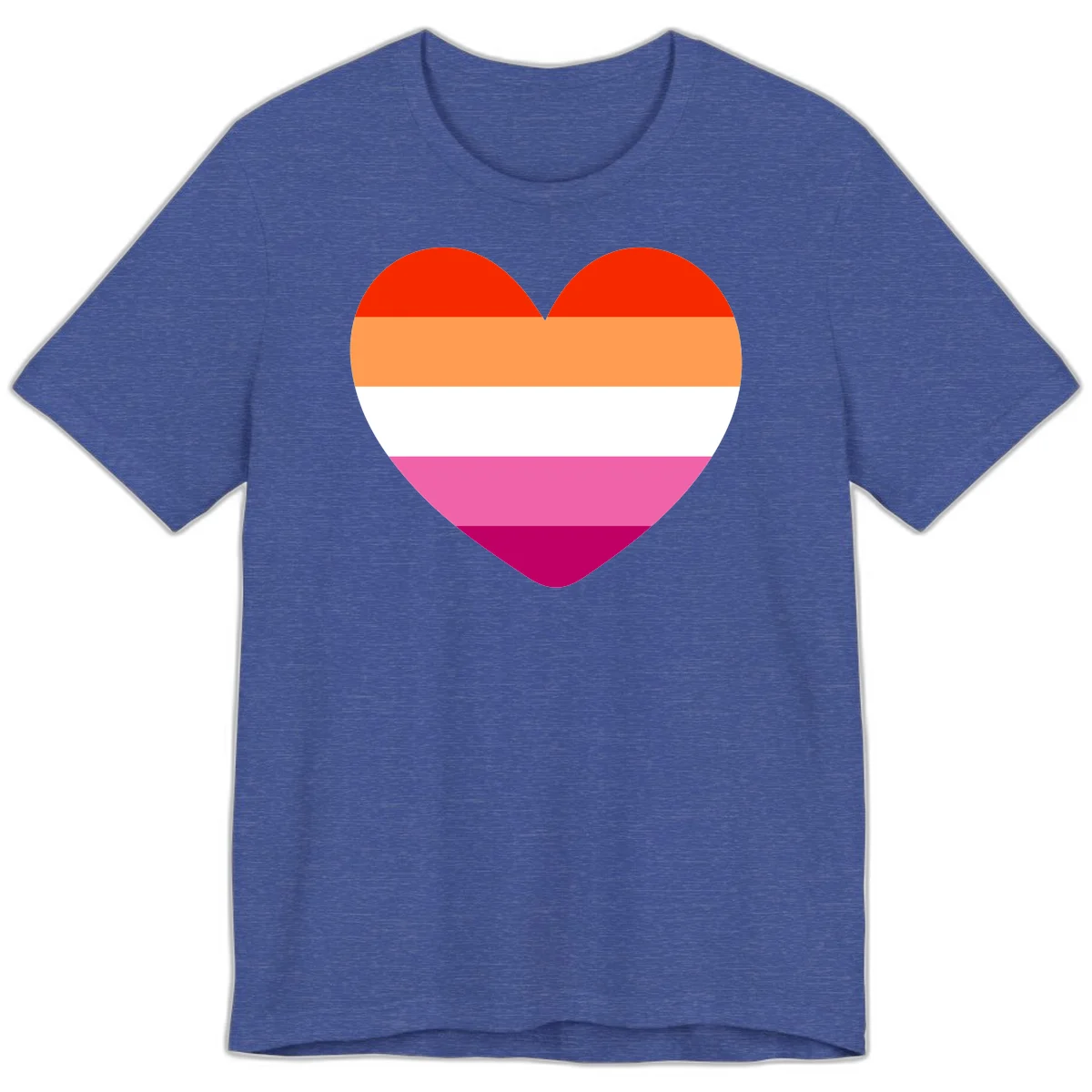 Heart shape filled with horizontal stripes in lesbian pride flag colors: red, orange, white, pink, and magenta in Heather True Royal