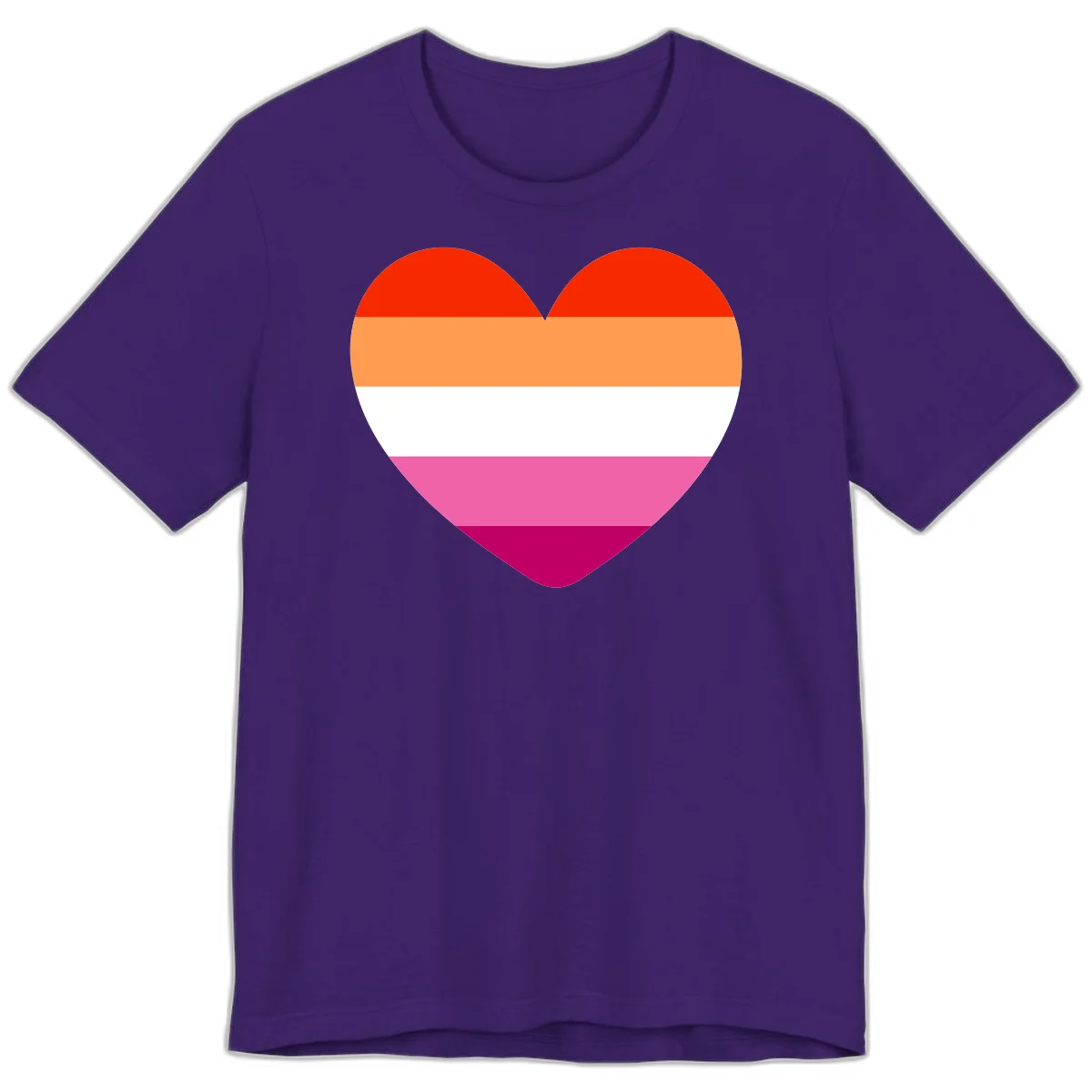 Heart shape filled with horizontal stripes in lesbian pride flag colors: red, orange, white, pink, and magenta in Team Purple
