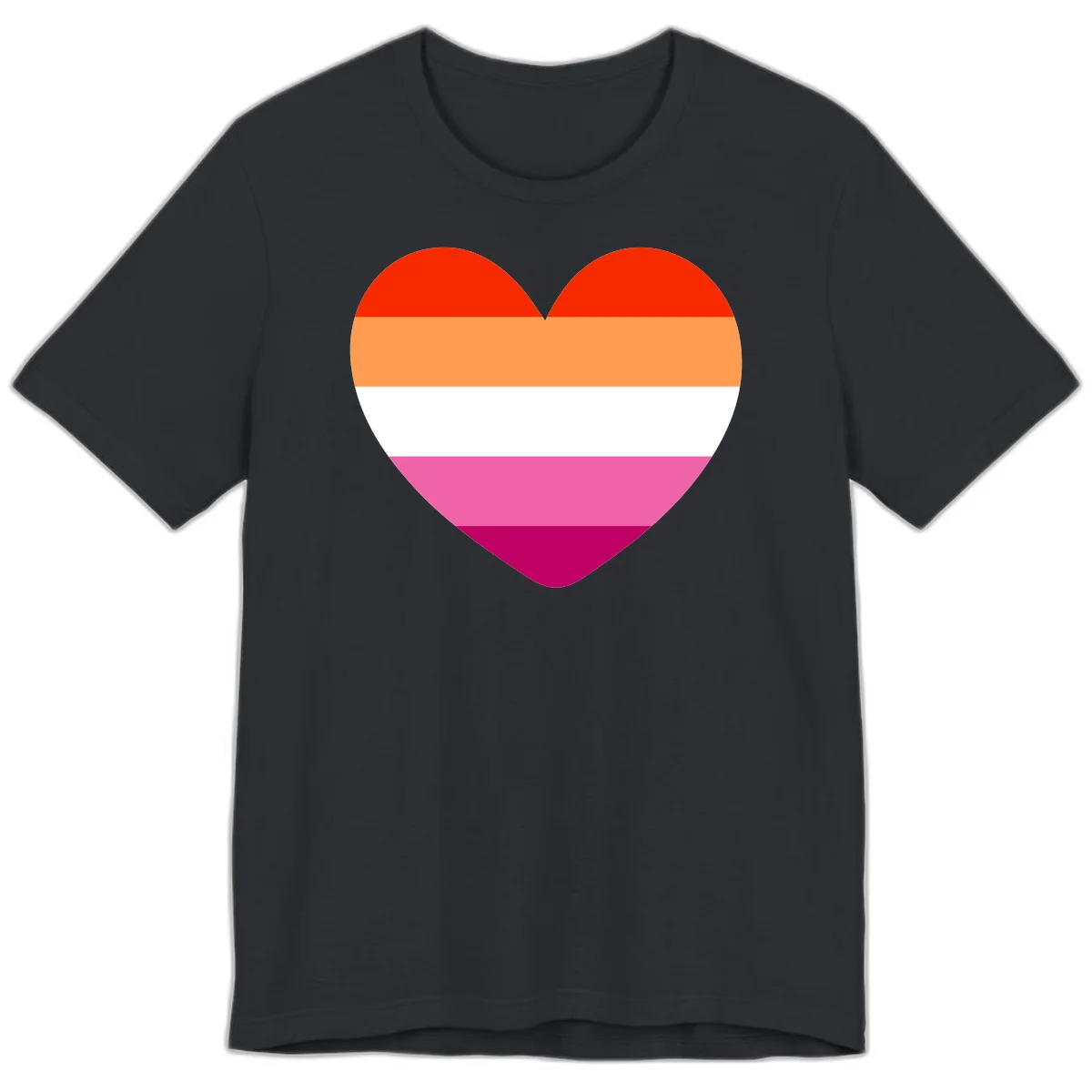 Heart shape filled with horizontal stripes in lesbian pride flag colors: red, orange, white, pink, and magenta in Vintage Black