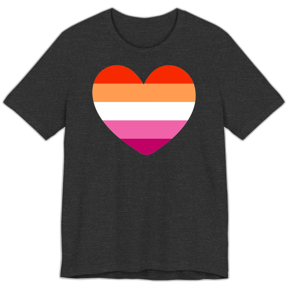 Heart shape filled with horizontal stripes in lesbian pride flag colors: red, orange, white, pink, and magenta in Dark Grey Heather