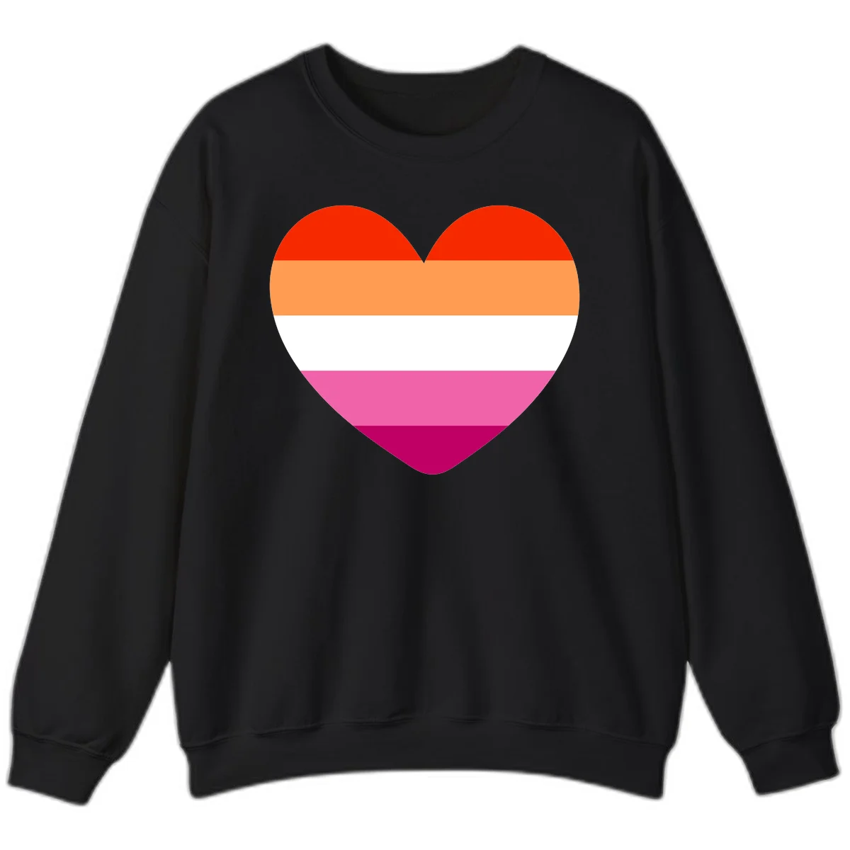 Heart shape filled with horizontal stripes in lesbian pride flag colors: red, orange, white, pink, and magenta in Black