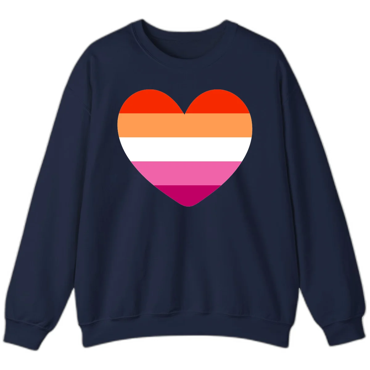 Heart shape filled with horizontal stripes in lesbian pride flag colors: red, orange, white, pink, and magenta in Navy