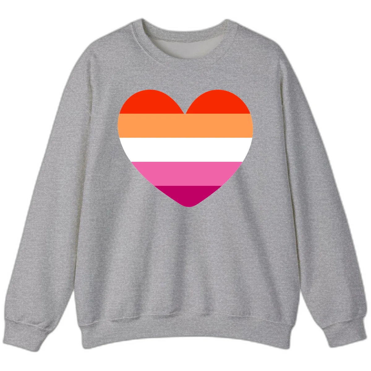 Heart shape filled with horizontal stripes in lesbian pride flag colors: red, orange, white, pink, and magenta in Sport Grey