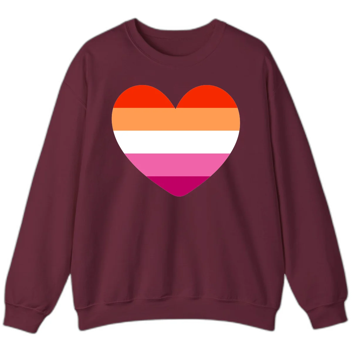 Heart shape filled with horizontal stripes in lesbian pride flag colors: red, orange, white, pink, and magenta in Maroon