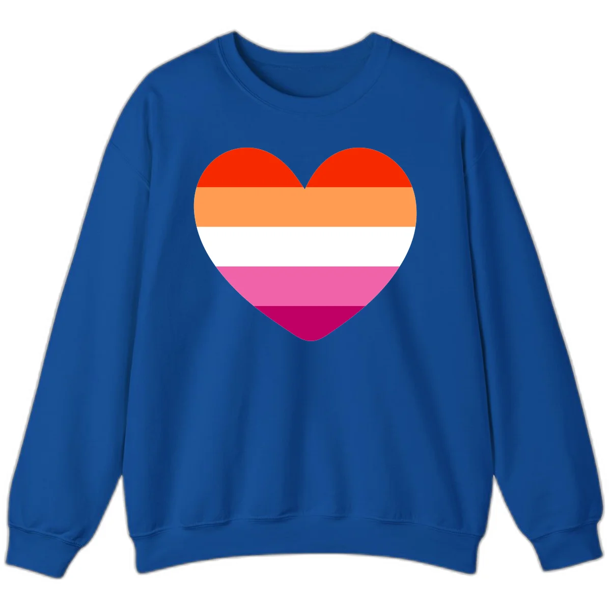 Heart shape filled with horizontal stripes in lesbian pride flag colors: red, orange, white, pink, and magenta in Royal