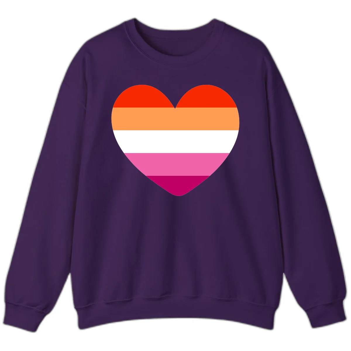 Heart shape filled with horizontal stripes in lesbian pride flag colors: red, orange, white, pink, and magenta in Purple