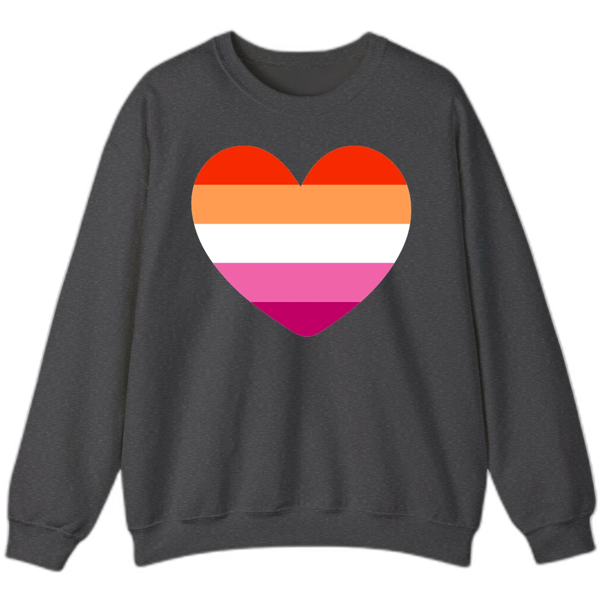 Heart shape filled with horizontal stripes in lesbian pride flag colors: red, orange, white, pink, and magenta in Dark Heather