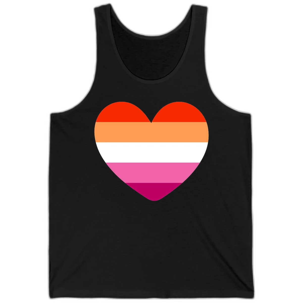 Heart shape filled with horizontal stripes in lesbian pride flag colors: red, orange, white, pink, and magenta in Black