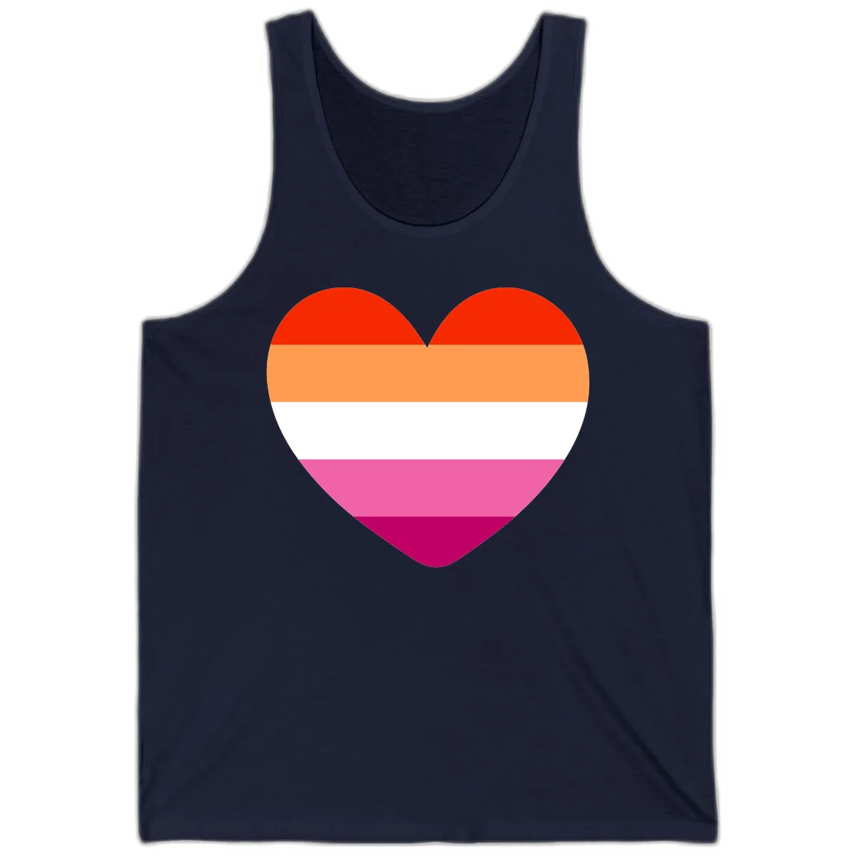 Heart shape filled with horizontal stripes in lesbian pride flag colors: red, orange, white, pink, and magenta in Navy
