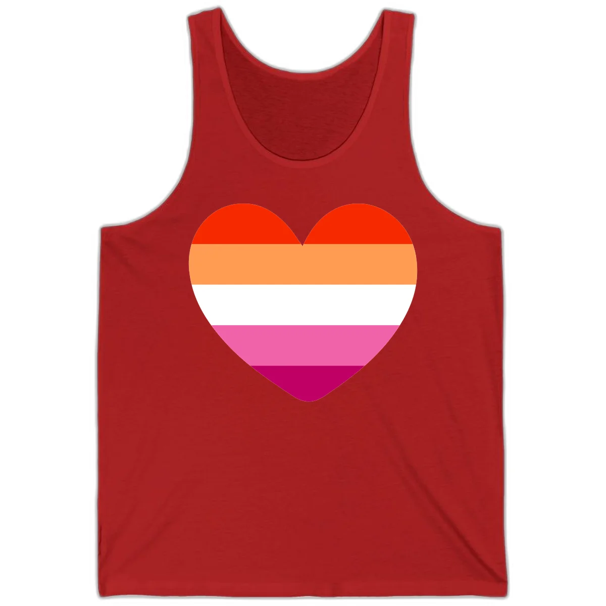 Heart shape filled with horizontal stripes in lesbian pride flag colors: red, orange, white, pink, and magenta in Red