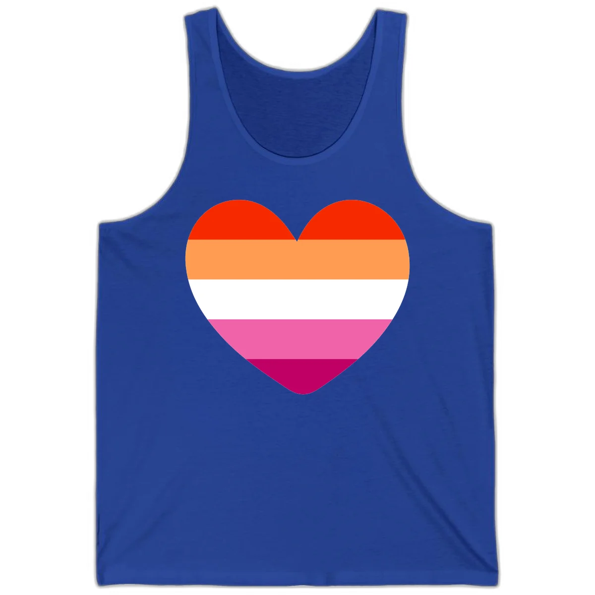 Heart shape filled with horizontal stripes in lesbian pride flag colors: red, orange, white, pink, and magenta in True Royal