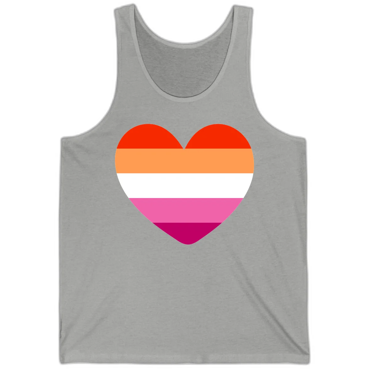 Heart shape filled with horizontal stripes in lesbian pride flag colors: red, orange, white, pink, and magenta in Athletic Heather