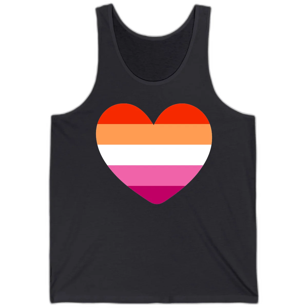 Heart shape filled with horizontal stripes in lesbian pride flag colors: red, orange, white, pink, and magenta in Dark Grey