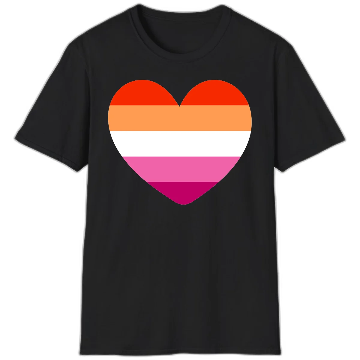 Heart shape filled with horizontal stripes in lesbian pride flag colors: red, orange, white, pink, and magenta in Black