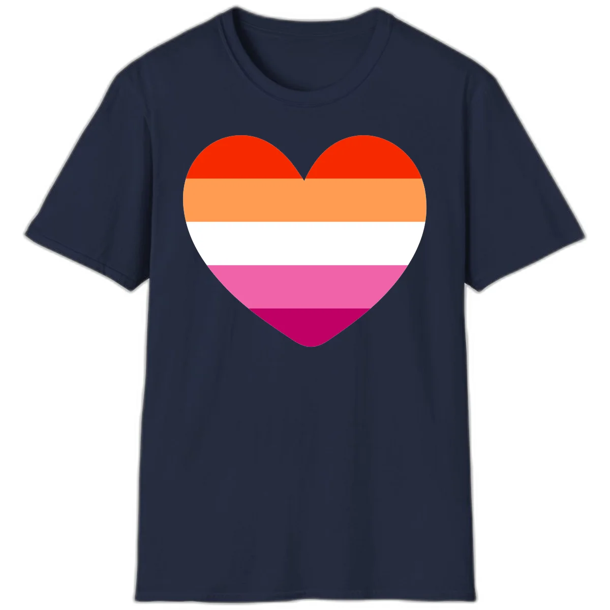 Heart shape filled with horizontal stripes in lesbian pride flag colors: red, orange, white, pink, and magenta in Navy