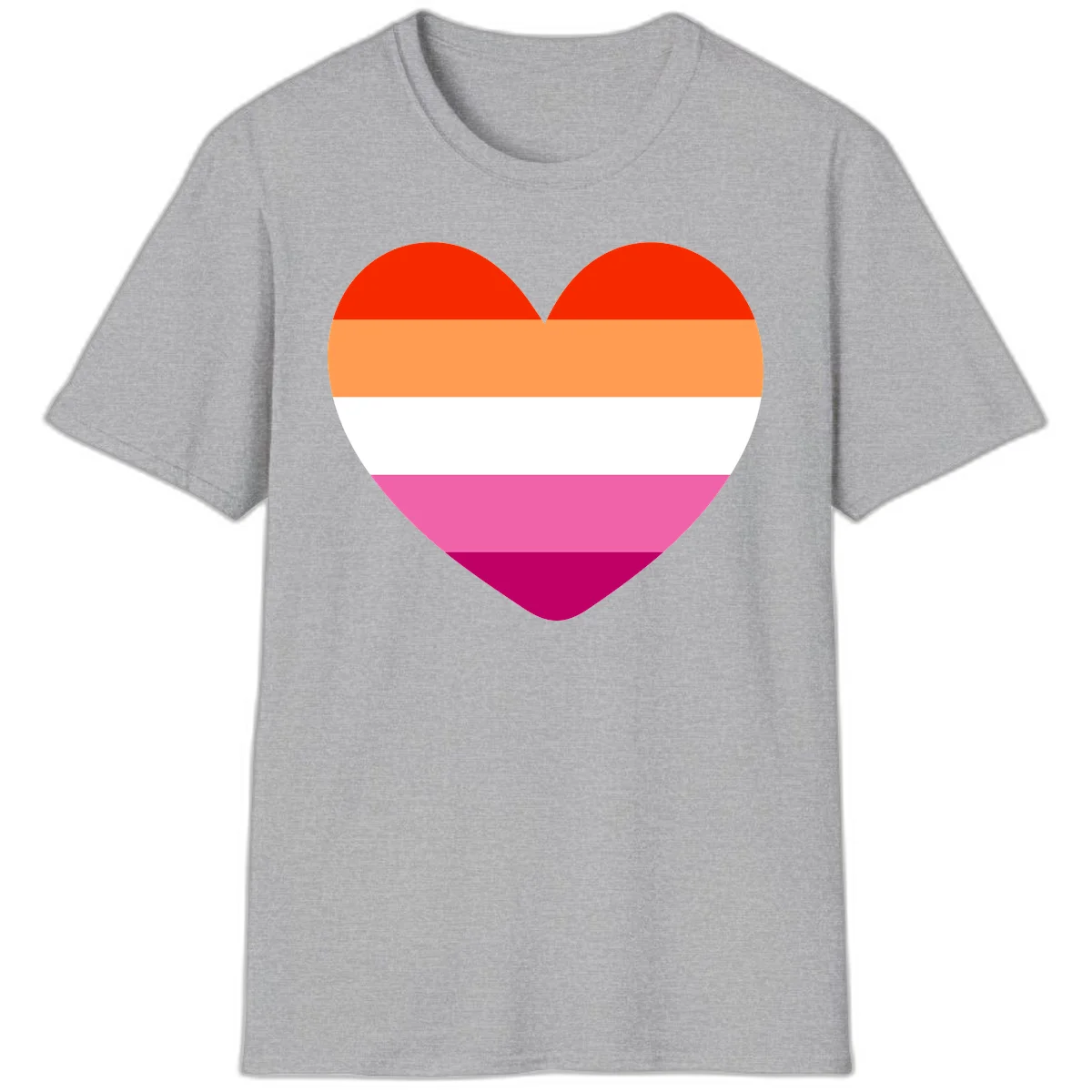 Heart shape filled with horizontal stripes in lesbian pride flag colors: red, orange, white, pink, and magenta in Sport Grey