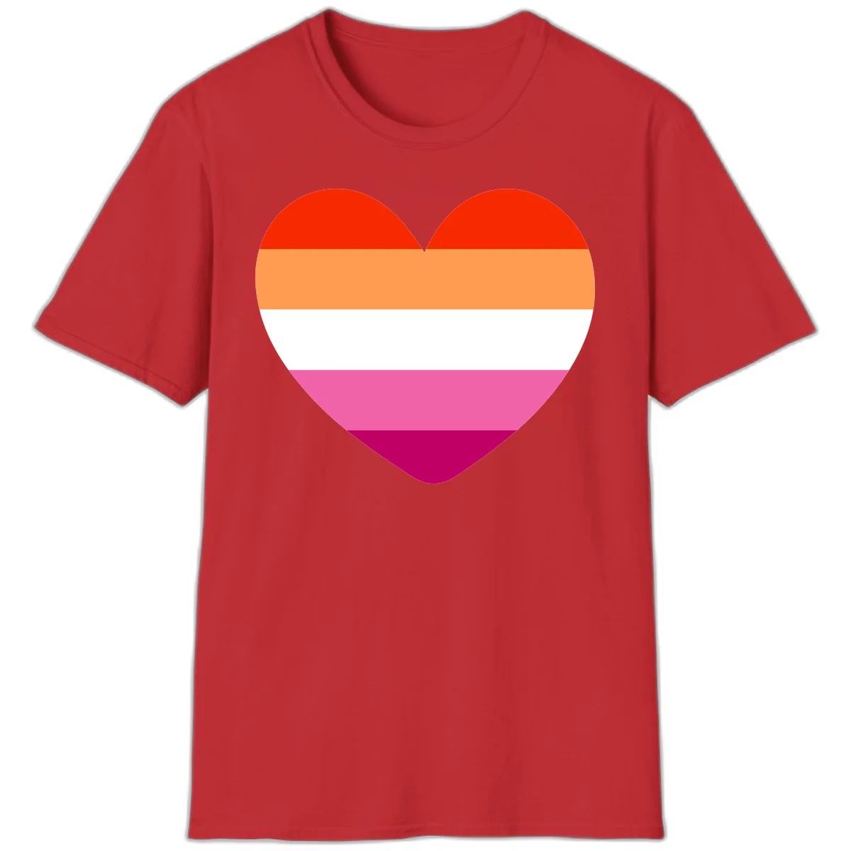 Heart shape filled with horizontal stripes in lesbian pride flag colors: red, orange, white, pink, and magenta in Red