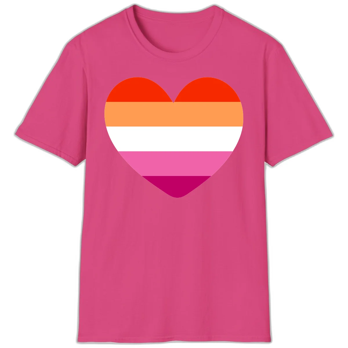 Heart shape filled with horizontal stripes in lesbian pride flag colors: red, orange, white, pink, and magenta in Heliconia