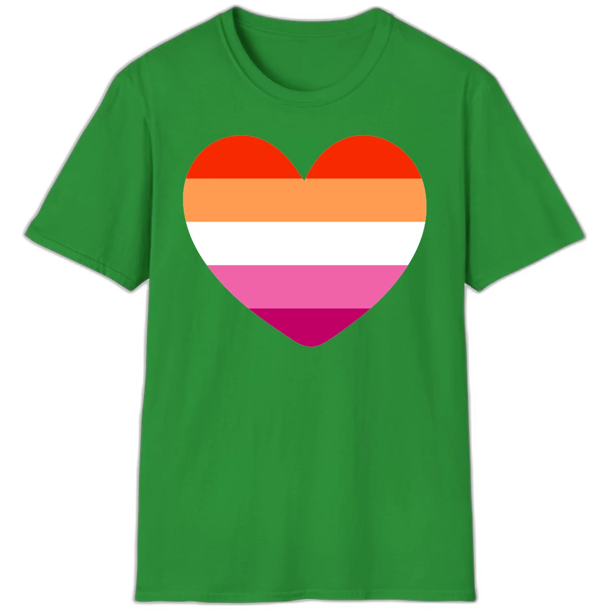 Heart shape filled with horizontal stripes in lesbian pride flag colors: red, orange, white, pink, and magenta in Irish Green