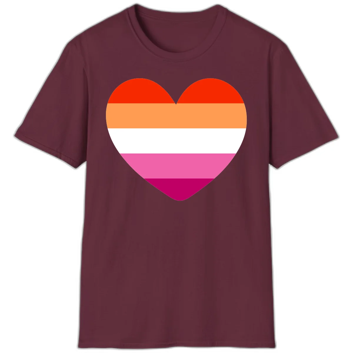 Heart shape filled with horizontal stripes in lesbian pride flag colors: red, orange, white, pink, and magenta in Maroon