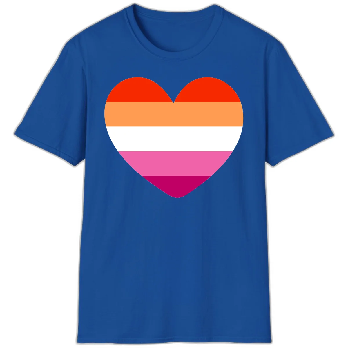 Heart shape filled with horizontal stripes in lesbian pride flag colors: red, orange, white, pink, and magenta in Royal