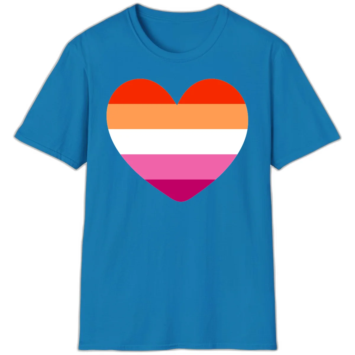 Heart shape filled with horizontal stripes in lesbian pride flag colors: red, orange, white, pink, and magenta in Sapphire