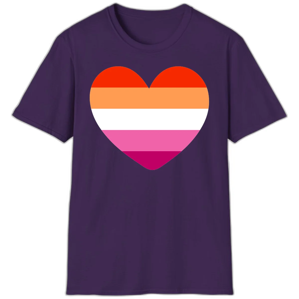 Heart shape filled with horizontal stripes in lesbian pride flag colors: red, orange, white, pink, and magenta in Purple