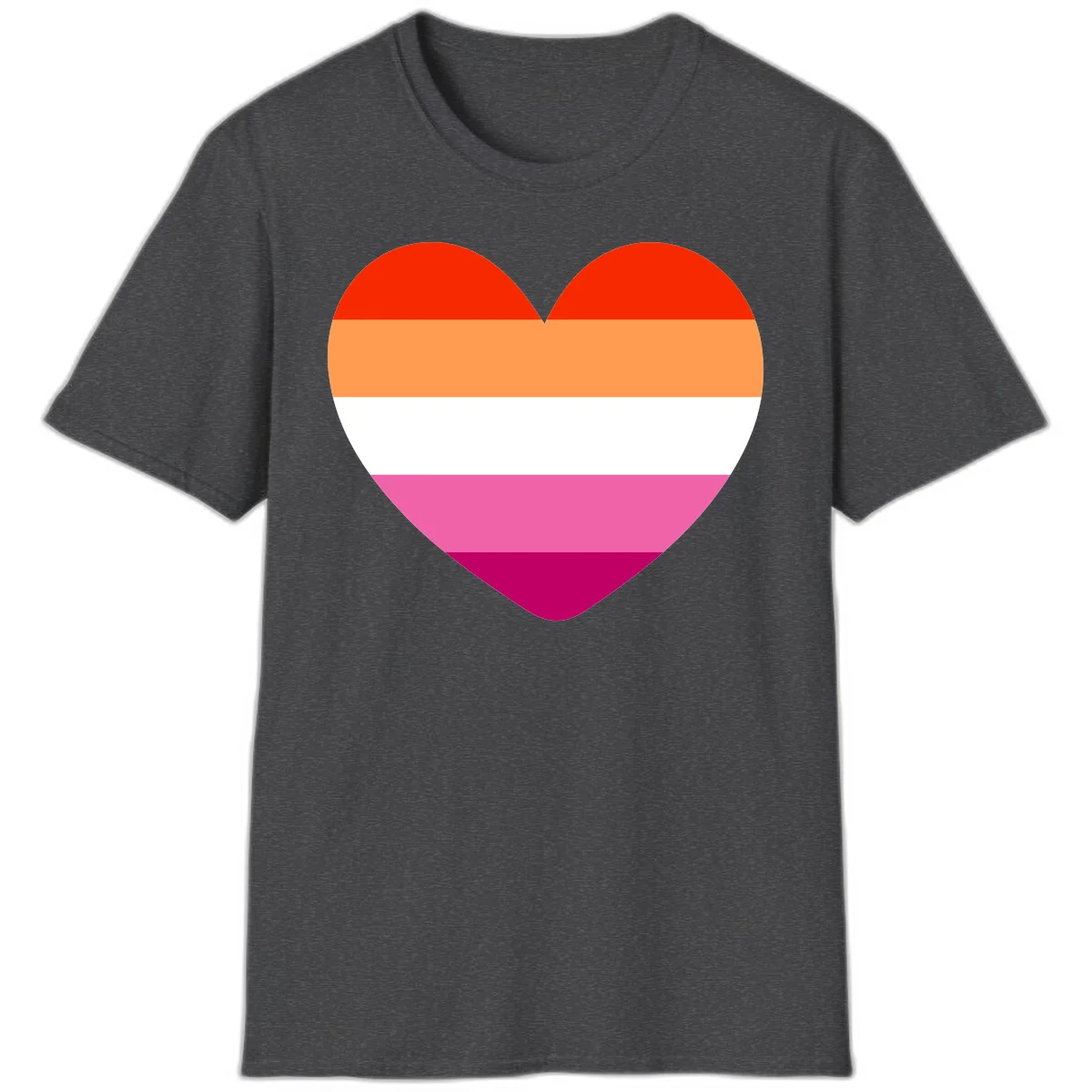 Heart shape filled with horizontal stripes in lesbian pride flag colors: red, orange, white, pink, and magenta in Dark Heather